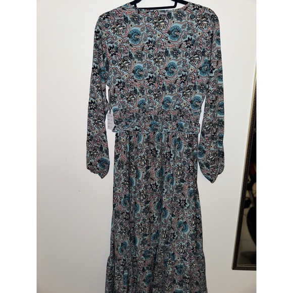 Masala Maxi dress W a blue and white floral V-neck Long-fit sleeves SZ L - Picture 10 of 15
